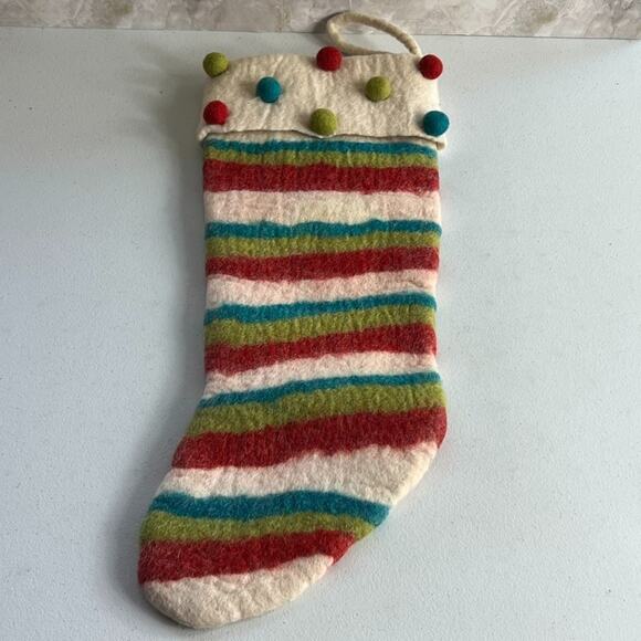 Wool Christmas Stocking 21" Colorful Striped Felt Polka Dots - Picture 2 of 5